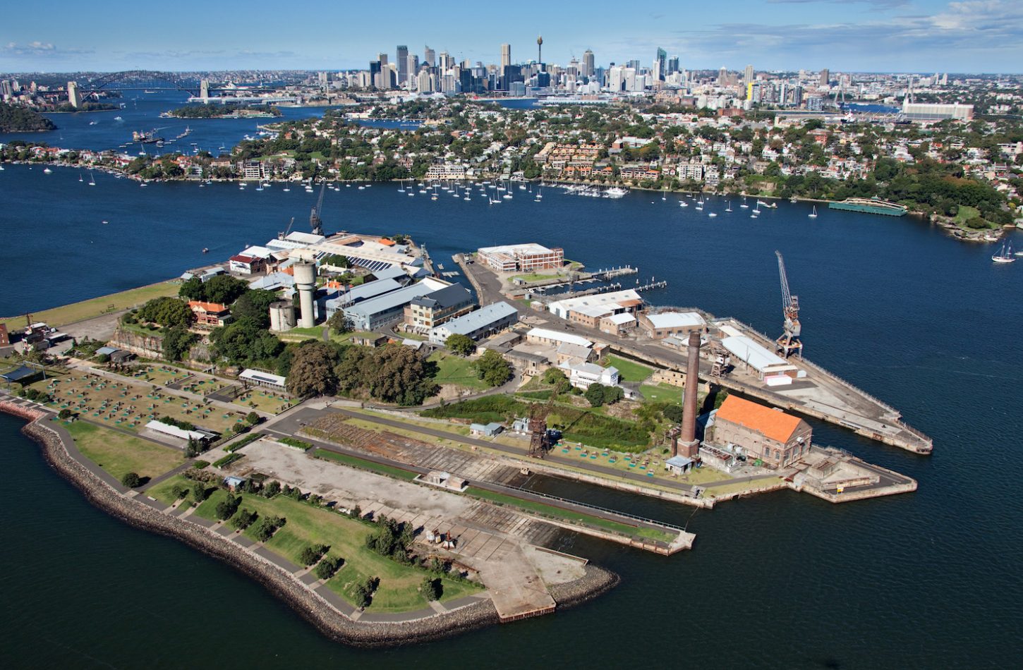 Bird's eye view of Cockatoo Island on Sydney Harbour. Photo: Ethan Rohloff (Destination NSW)